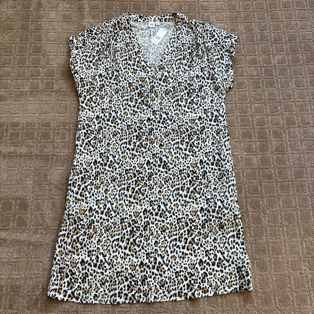 GAP Leopard Cheetah Print Dress White Black Short Sleeve Pullover Medium Tall